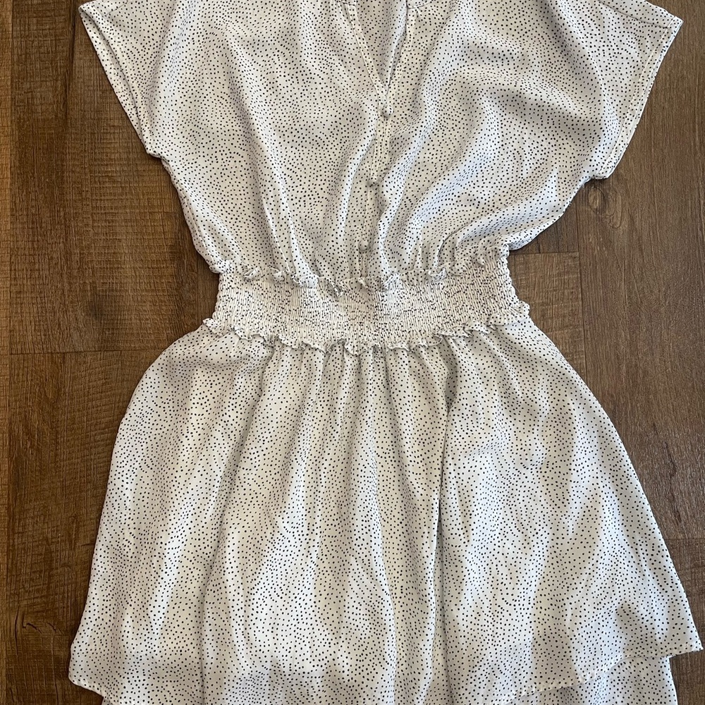 Sienna Sky White Dress with Black Dot Print and Smocked Waist